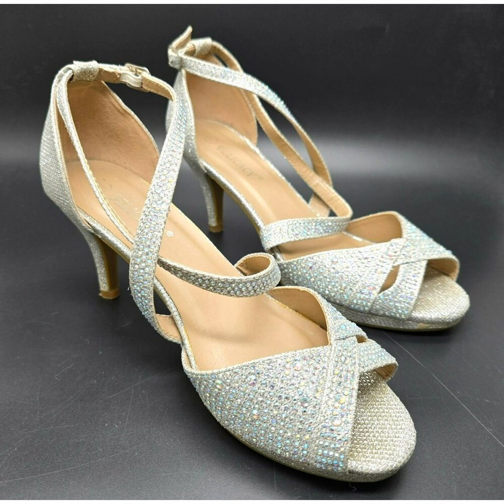Womens Heels Silver Glitter Rhinestone Strappy Open Toe Delicacy Size 7 JJ4016